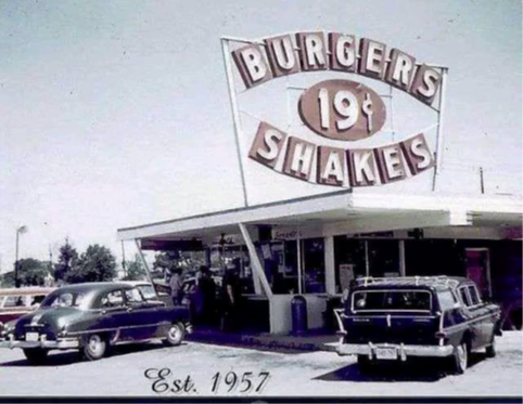 Historic image of Burgers Shakes Restaurant with large historic signage that says "Burgers Shakes 19cents"