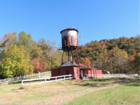 The water tower and pumphouse looking southeast.